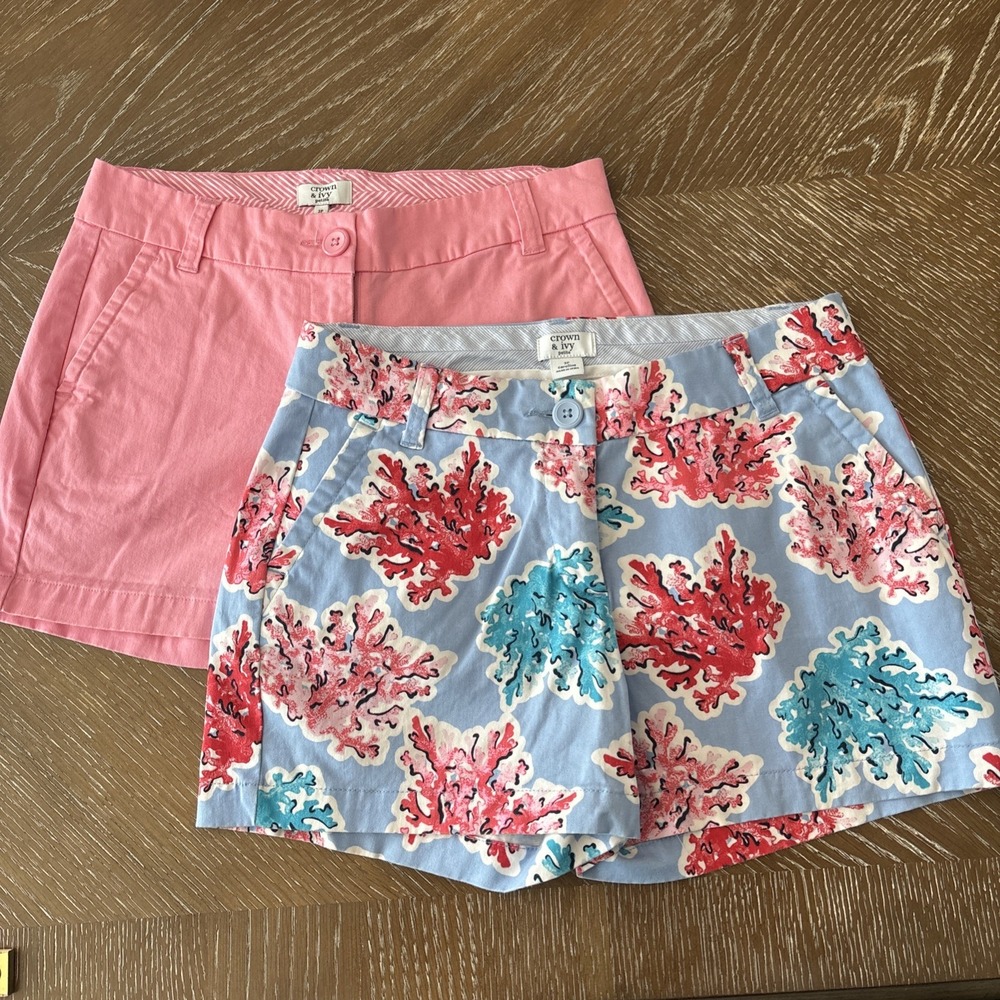 (2 Pair) Crown & Ivy Sz‎ 2p PINK & BLUE CORAL Patterned Shorts EUC Fast Ship